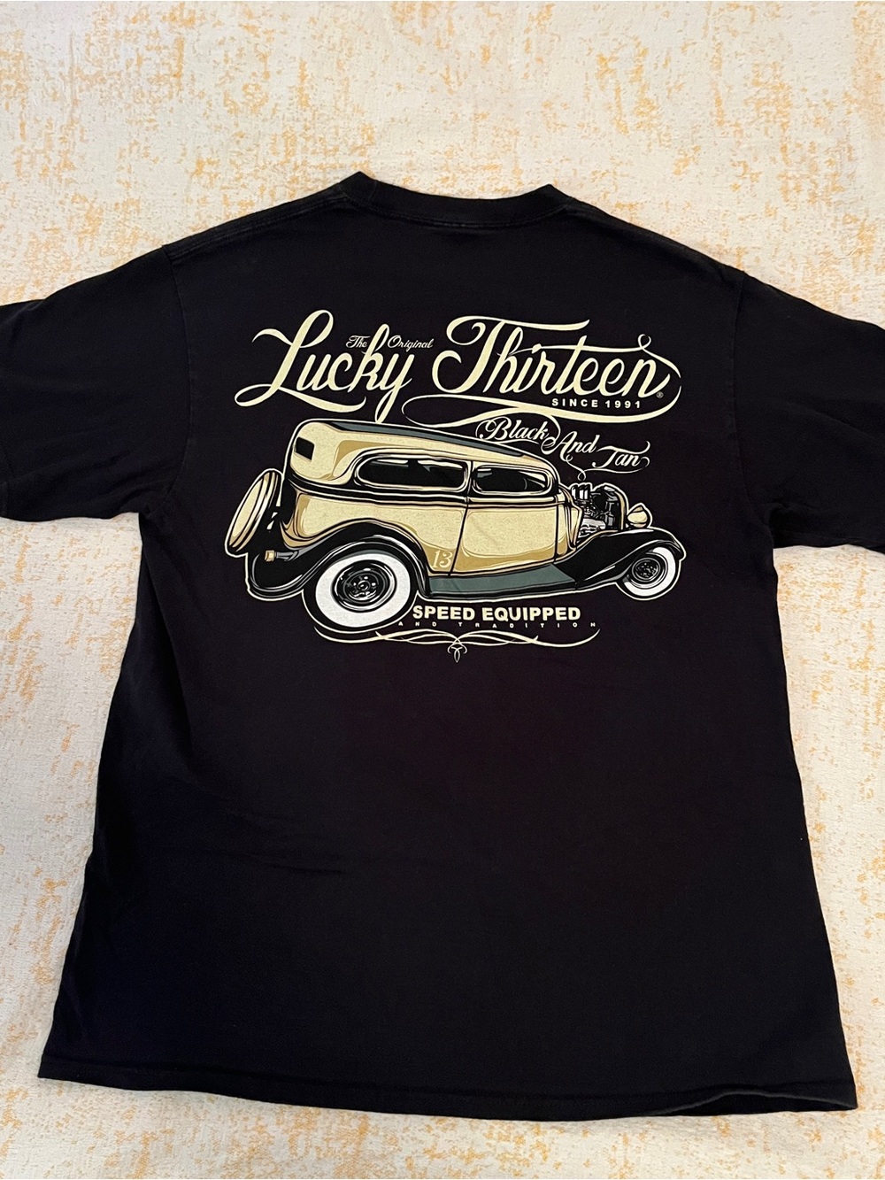 Lucky Thirteen Black Short Sleeve Tee with Vintage Car Graphic M
